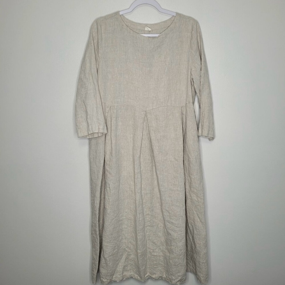 Linitco beige 100% linen 3/4 sleeve modest sustainable tradwife dress medium